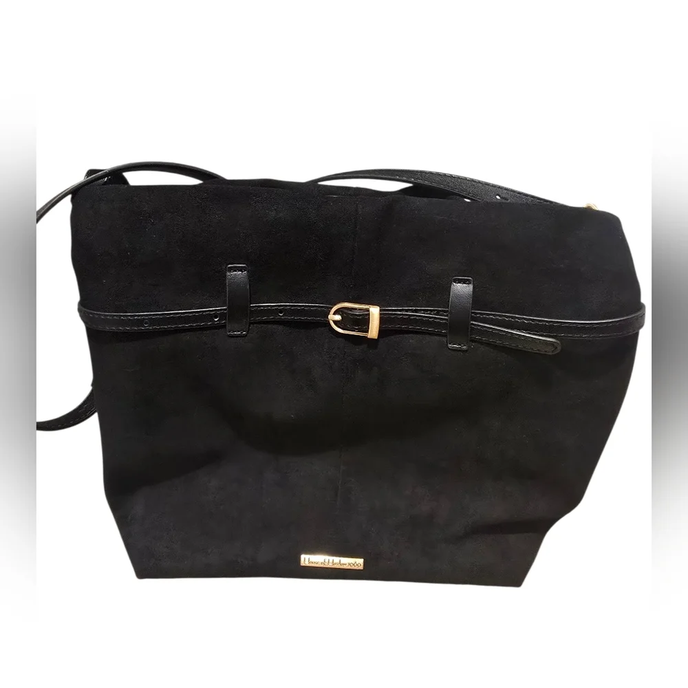 House of Harlow 1960 Black Vegan Suede Shoulder Bag with Gold Accents